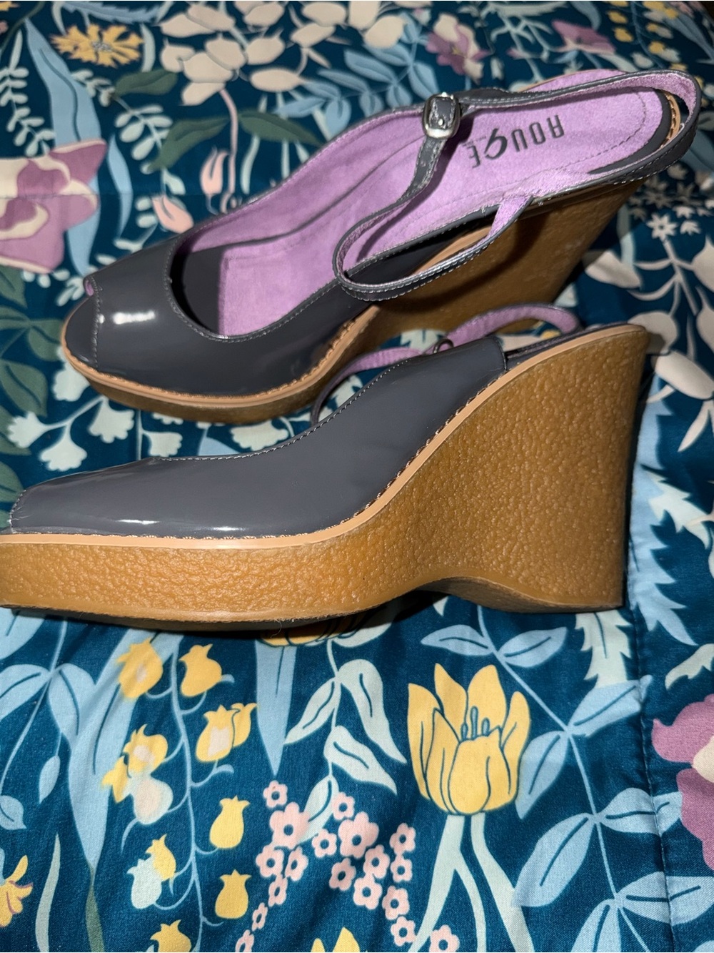 Rouge Helium Gray Patent Wedge Sandals with Tan Platform